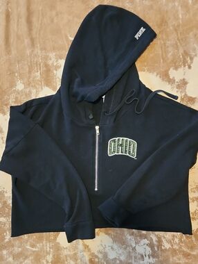 Collegaited Pink VS 5th & Ocean Black Half Zip Cropped Ohio Hoodie. Size: L